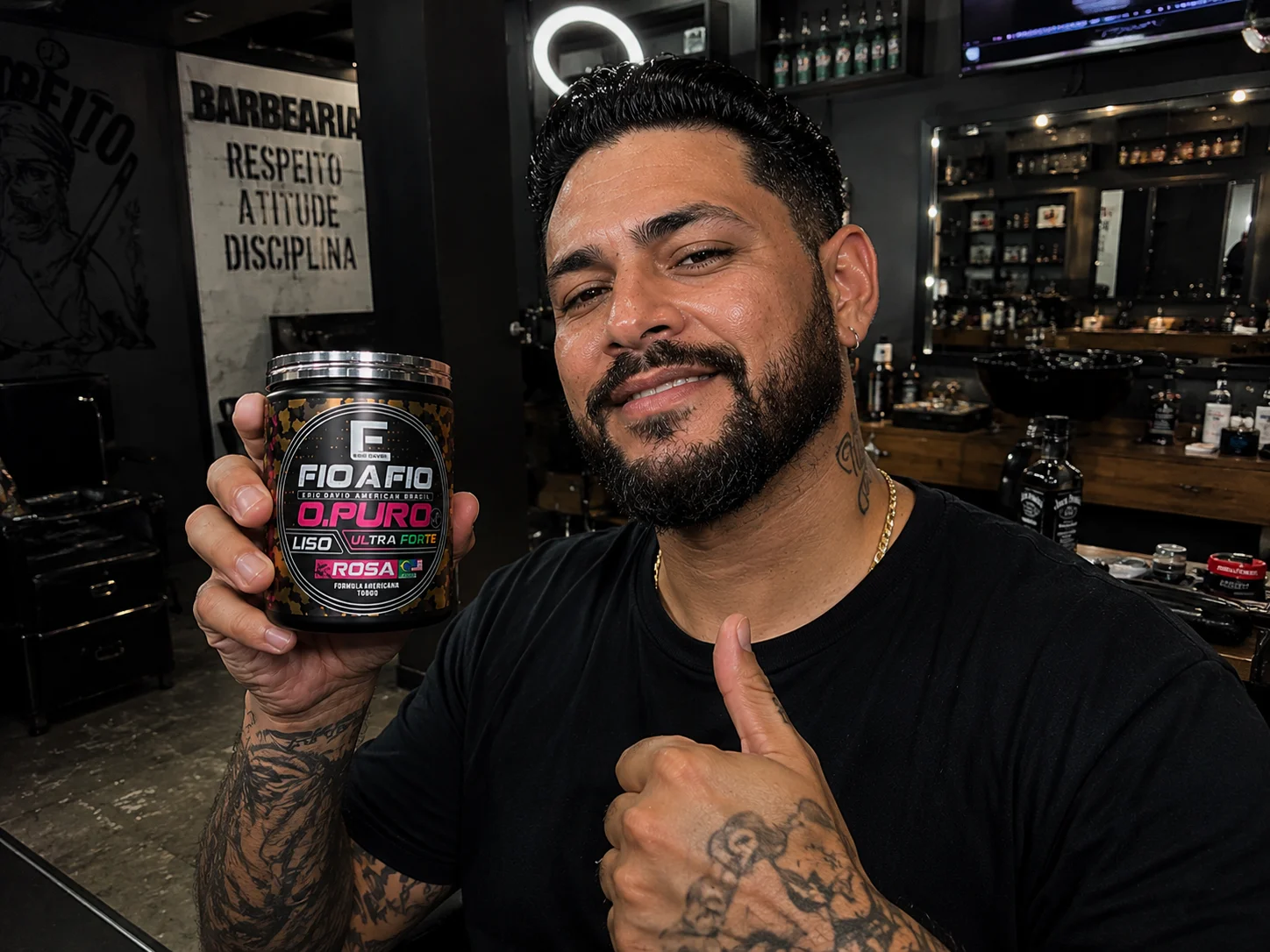 Cliente Danilo na barbearia segurando o pote Fio a Fio O.Puro